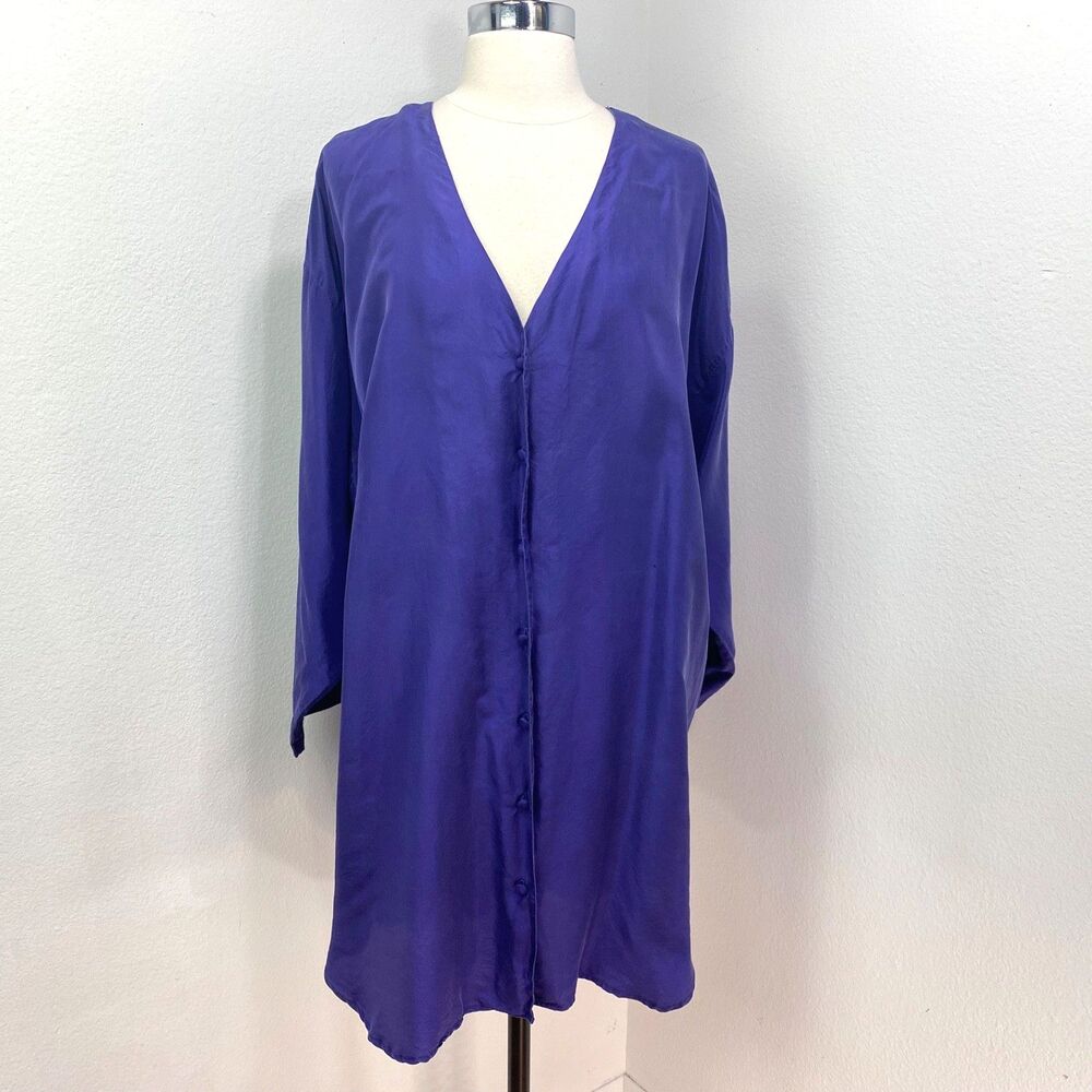 Sostanza Soft Purple Silk Tunic Top  Large Long Sleeve V-Neck Oversized Resort